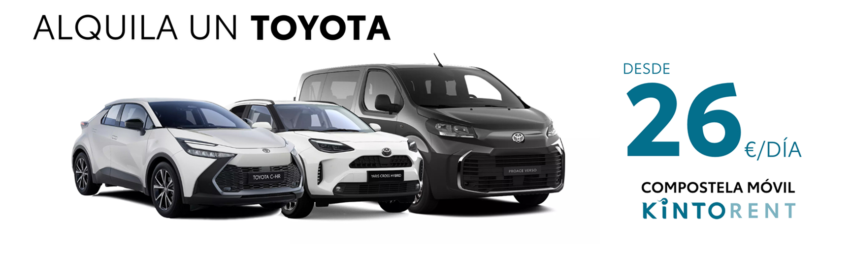 Gama de vehículos de alquiler con el mensaje «Alquila un Toyota desde 26 €/día con Compostela Móvil y Kinto Rent»