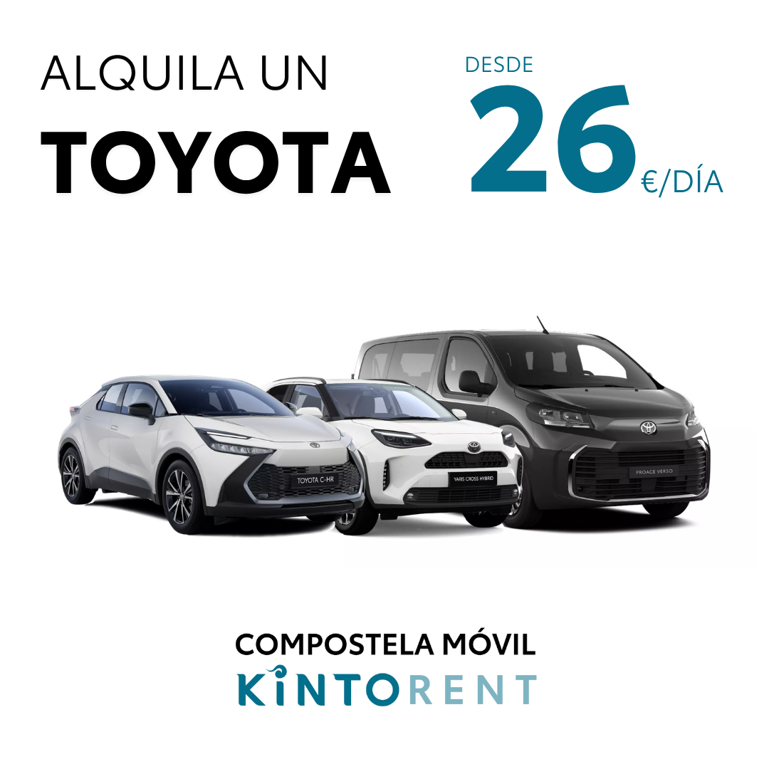 Gama de vehículos de alquiler con el mensaje «Alquila un Toyota desde 26 €/día con Compostela Móvil y Kinto Rent»