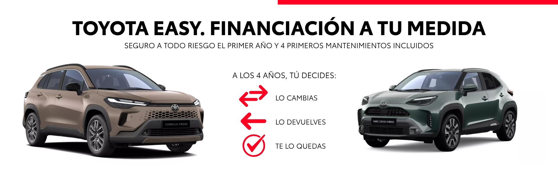 Toyota Corolla Cross y Yaris Cross junto a la promoción «Toyota Easy: financiación a tu medida; a los 4 años lo cambias, lo devuelves o te lo quedas»