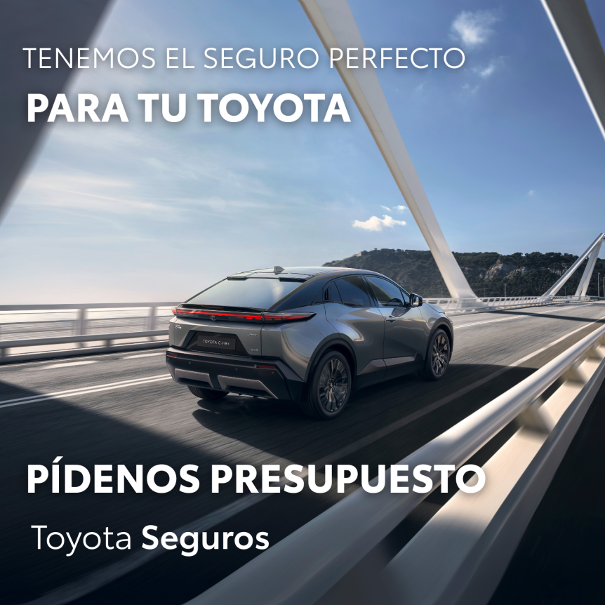 Banner de Toyota Seguros: un SUV Toyota circulando por un puente, con el texto "Tenemos el seguro perfecto para tu Toyota"