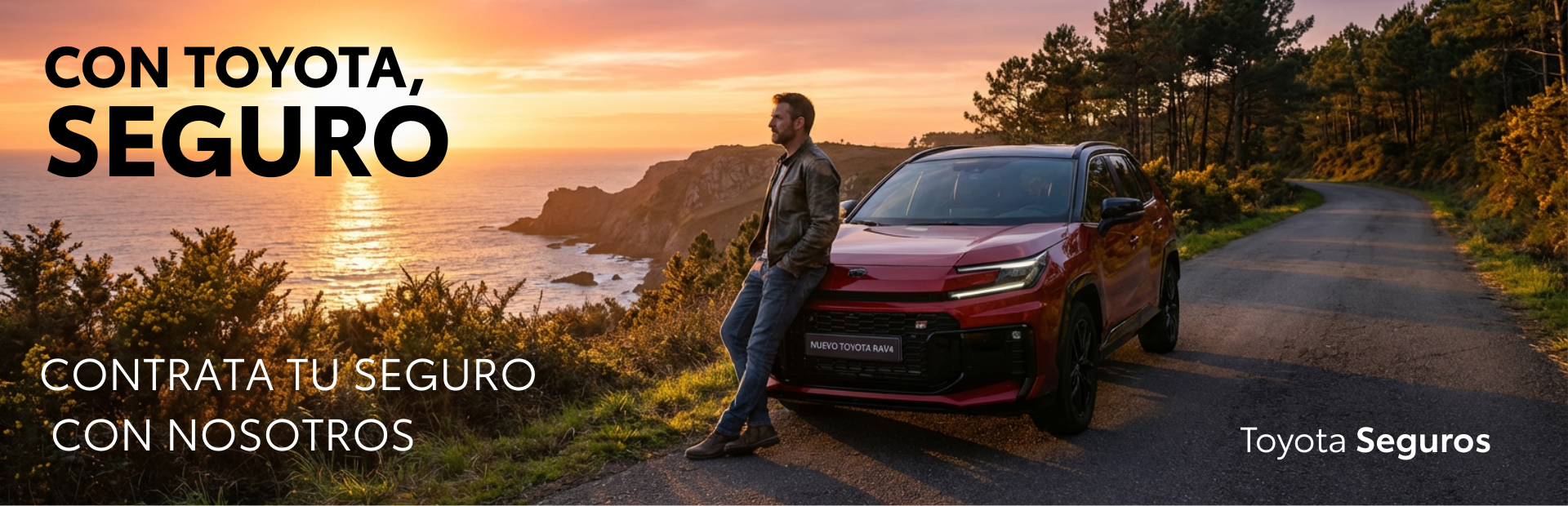 Toyota RAV4 rojo en una carretera costera al atardecer, con el mensaje «Con Toyota, seguro: contrata tu seguro con nosotros»