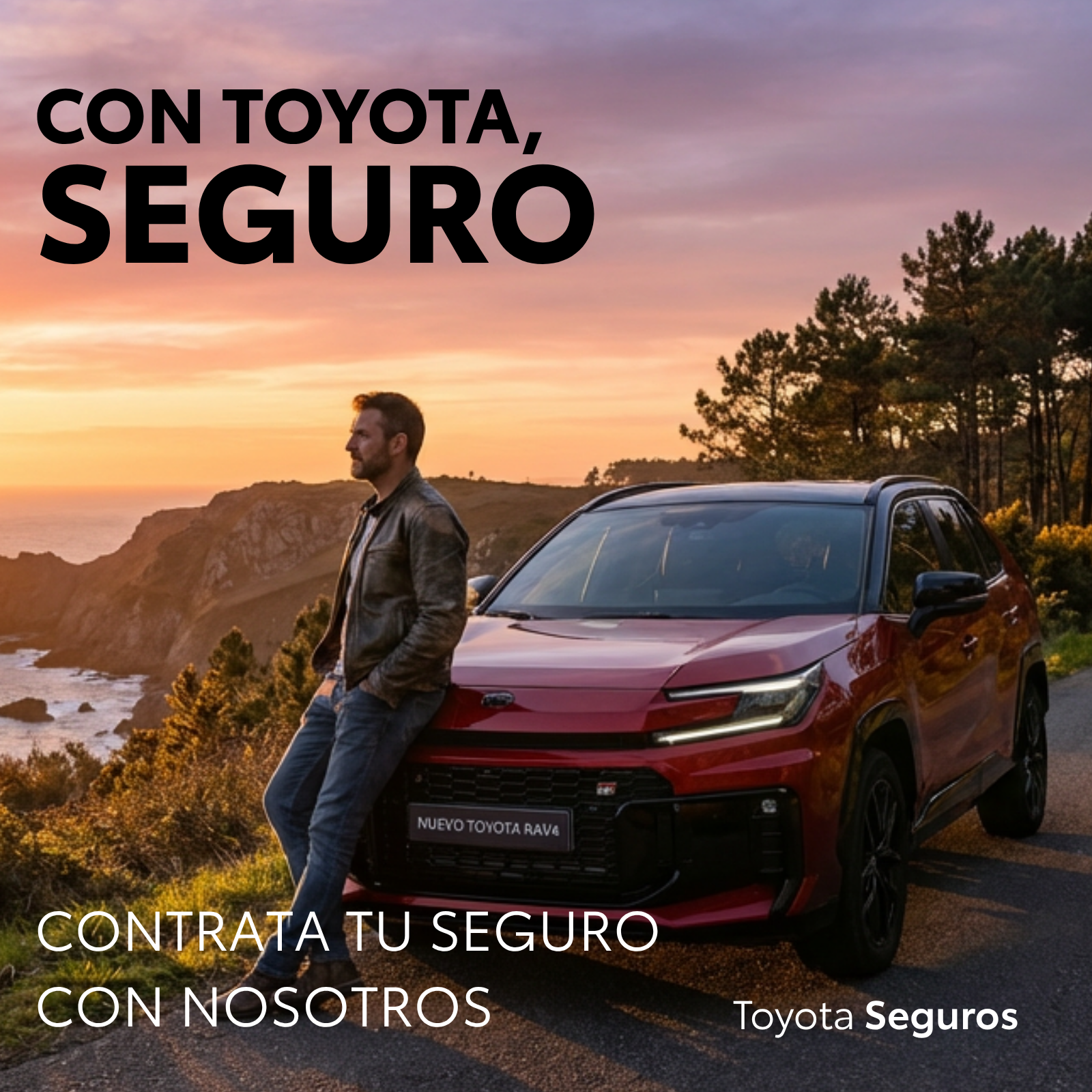 Toyota RAV4 rojo en una carretera costera al atardecer, con el mensaje «Con Toyota, seguro: contrata tu seguro con nosotros»
