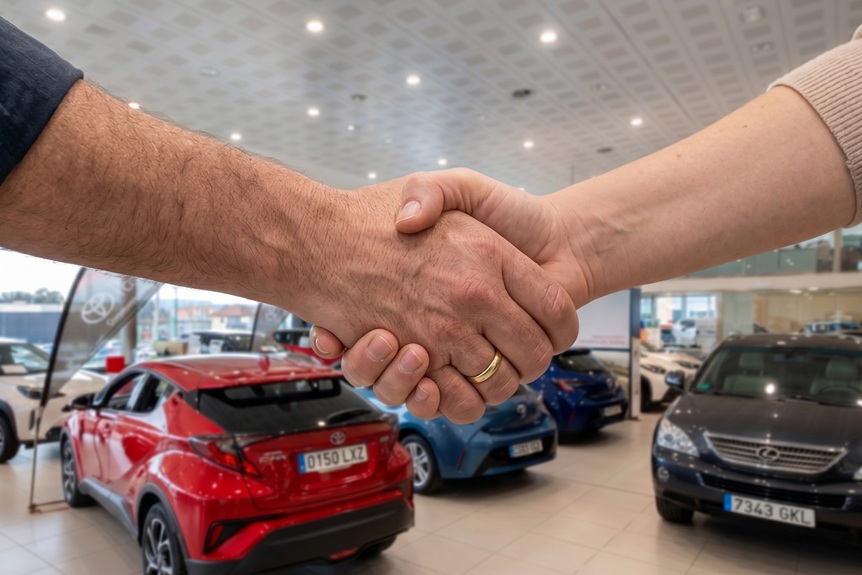 Apretón de manos entre un cliente y un comercial tras cerrar la compra de un coche de ocasión en Compostela Móvil